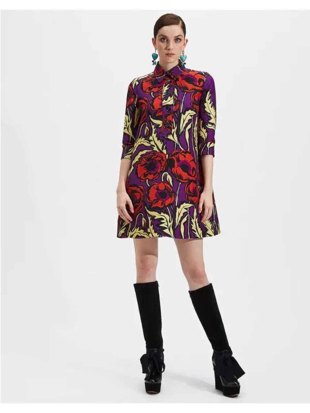 La Double J Dress Mini Swing Big Blooms Viola Silk Floral NWT XS